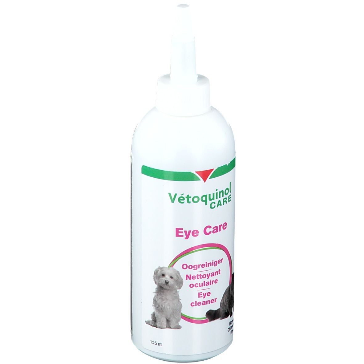Flacon blanc avec design vert et rouge. Inscription : Vétoquinol CARE Eye Care. Illustration : chien et chat. Texte : Oogreiniger, Nettoyant oculaire, Eye cleaner.