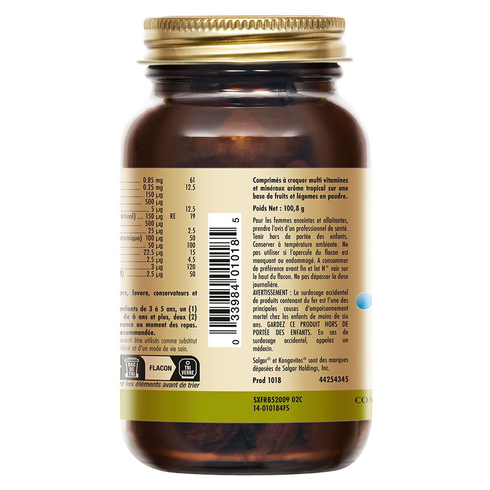 Dos d'un flacon en verre brun. Étiquette avec informations nutritionnelles et texte en français.