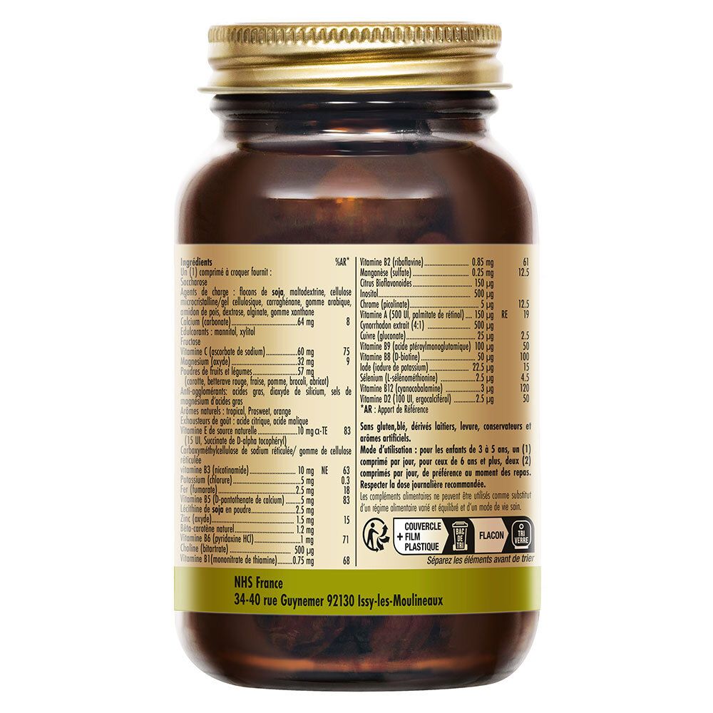 Dos d'un flacon en verre brun. Étiquette avec ingrédients et texte en français.