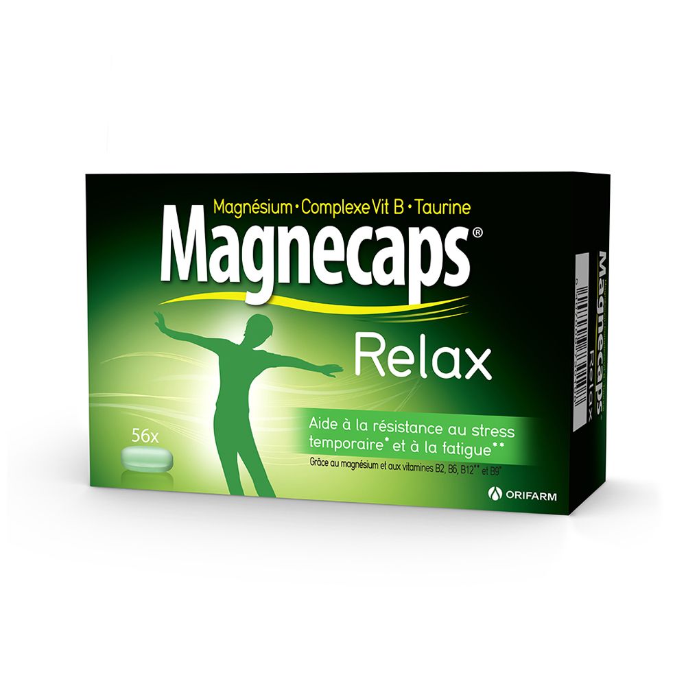 Boîte de Magnecaps Relax. Emballage vert et noir avec 56 comprimés. Contient magnésium, vitamines B et taurine.