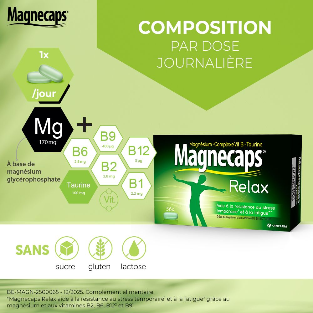 Emballage Magnecaps Relax. Contient 56 comprimés. Contient magnésium, vitamines B et taurine. Design vert et noir.