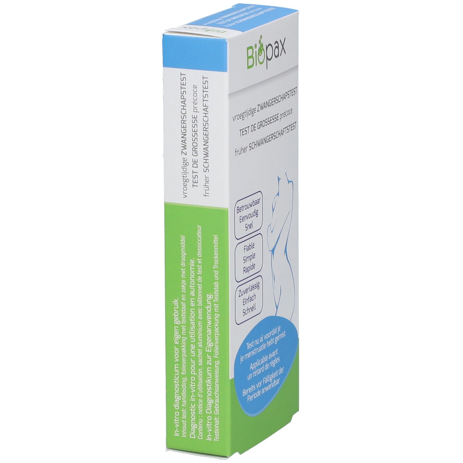 Emballage du test de grossesse précoce BioPax avec silhouette de femme et instructions d'utilisation détaillées.