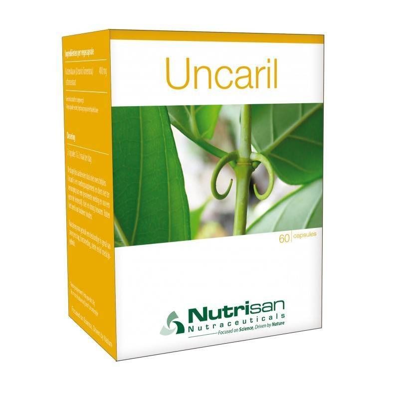 Boîte "Uncaril" avec logo et 60 capsules. Image d'une plante verte. Texte en jaune sur fond blanc.