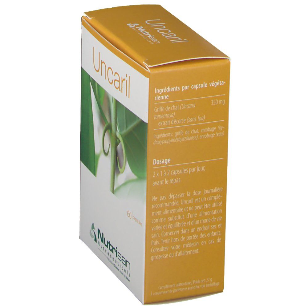 Boîte "Uncaril" en biais. Informations sur ingrédients et dosage. Logo Nutrisan visible.