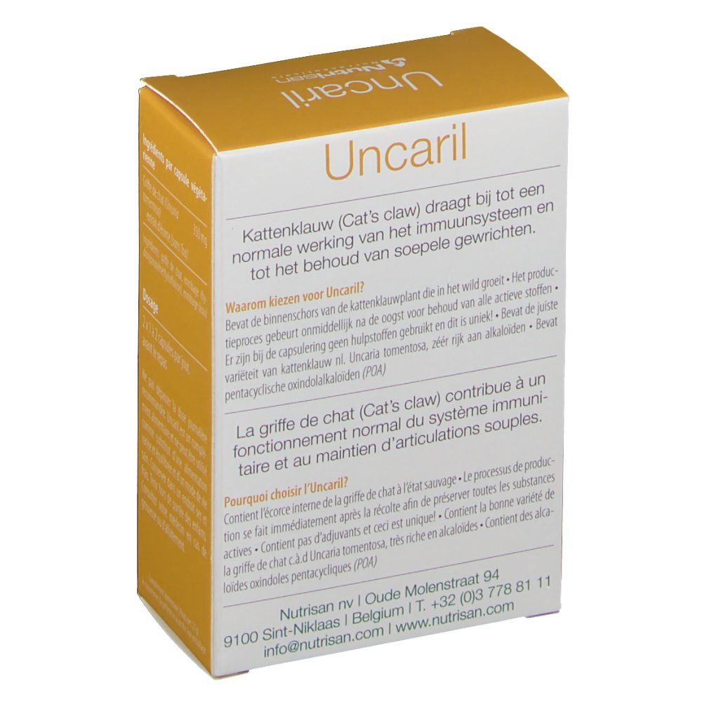 Dos de la boîte "Uncaril". Texte en néerlandais. Logo Nutrisan et coordonnées.