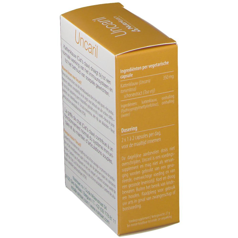 Boîte "Uncaril" avec texte en néerlandais. Informations sur ingrédients et dosage.