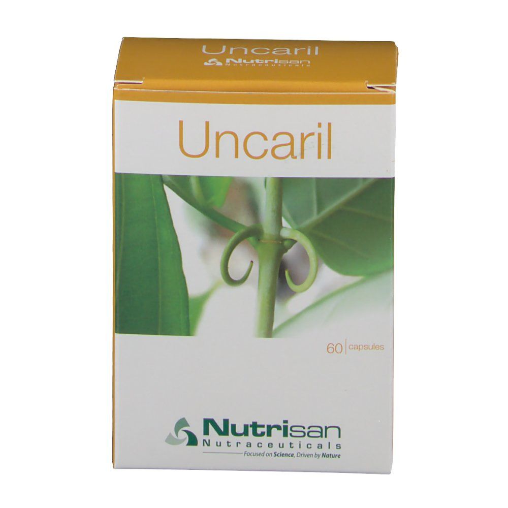 Boîte "Uncaril" avec logo et 60 capsules. Image d'une plante. Marque Nutrisan.