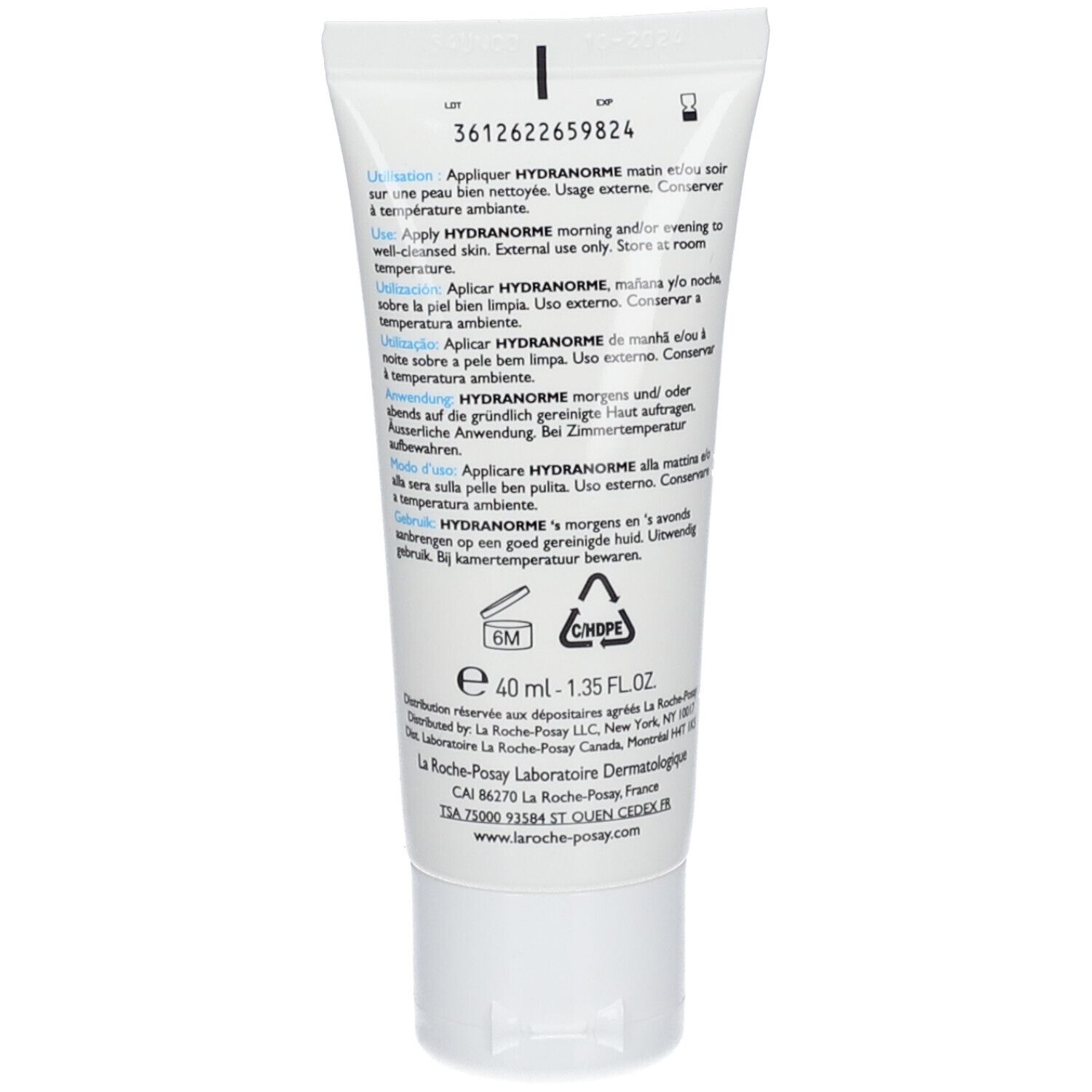 Dos d'un tube blanc. Texte multilingue. Volume: 40 ml. Fabriqué en France.