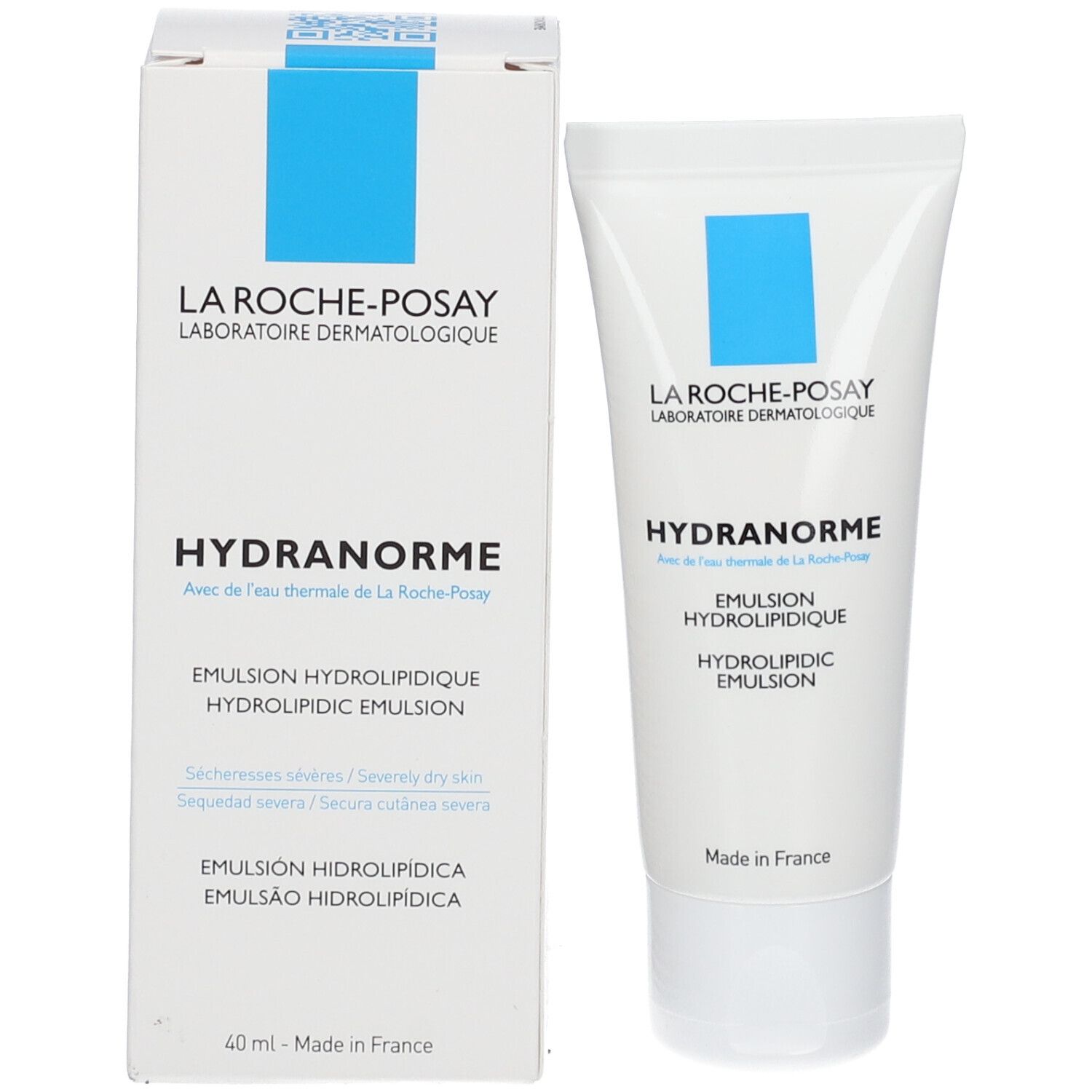 Emballage et tube du produit. Emballage blanc avec rectangle bleu. Nom: HYDRANORME. 40 ml.