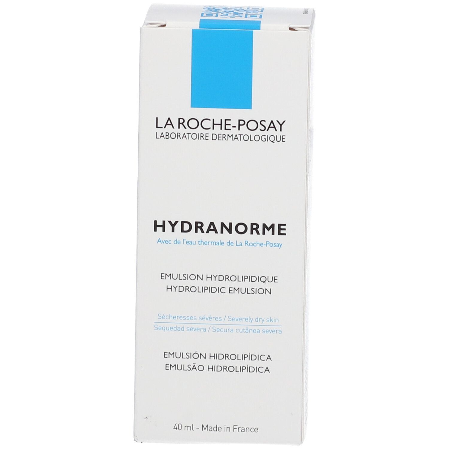 Emballage blanc avec rectangle bleu. Nom du produit: HYDRANORME. 40 ml. Pour peau sèche.
