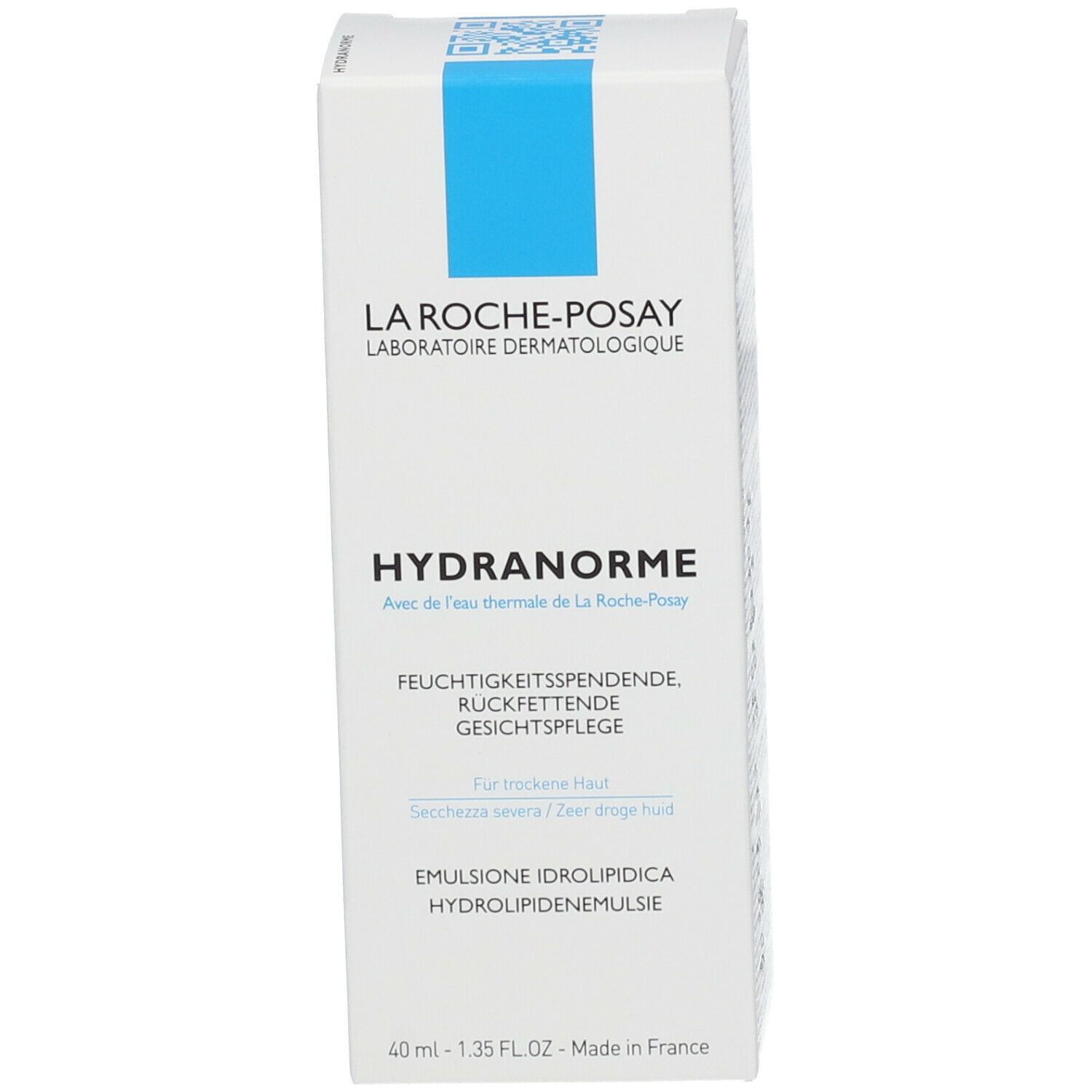 Emballage blanc avec rectangle bleu. Nom du produit: HYDRANORME. 40 ml. Pour peau sèche.