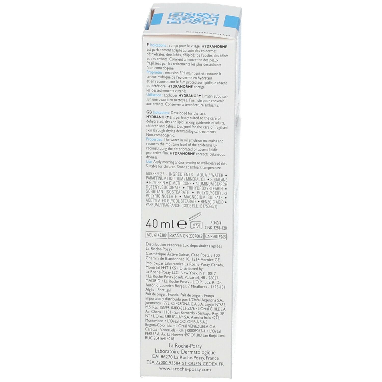 Côté de l'emballage du produit. Texte multilingue. Nom du produit: HYDRANORME. 40 ml.