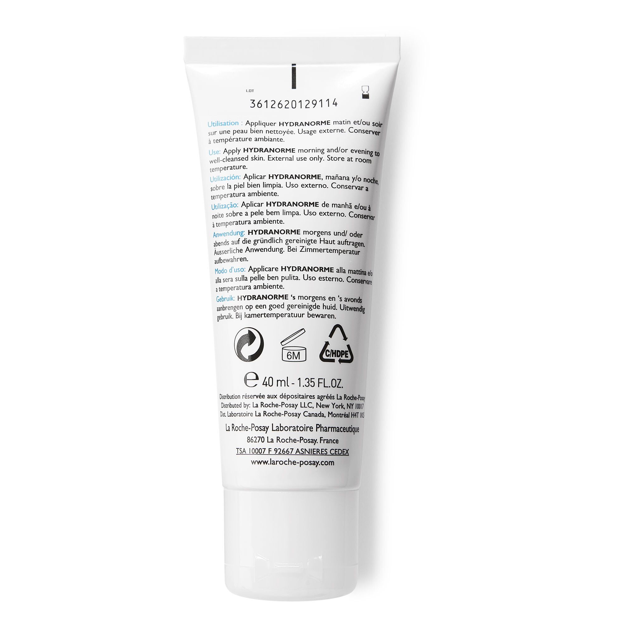 Dos d'un tube blanc. Texte multilingue. Volume: 40 ml. Fabriqué en France.