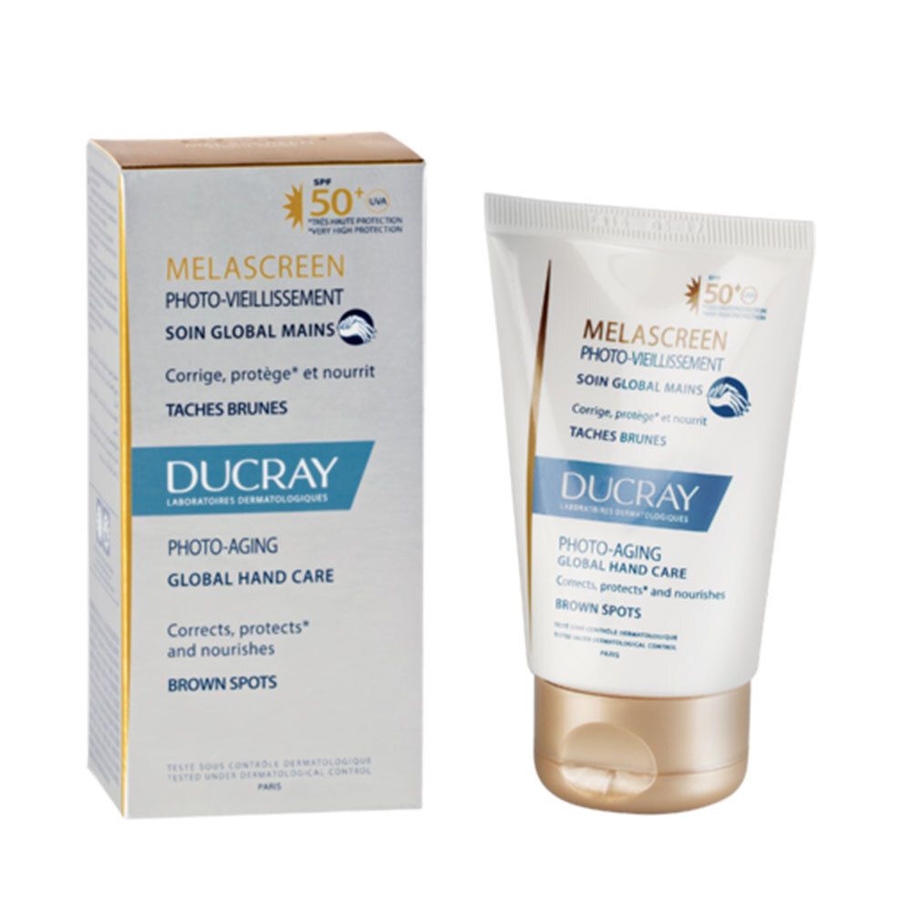 Emballage produit avec tube et carton. Inscription MELASCREEN PHOTO-VIEILLISSEMENT SOIN GLOBAL MAINS. SPF 50+.