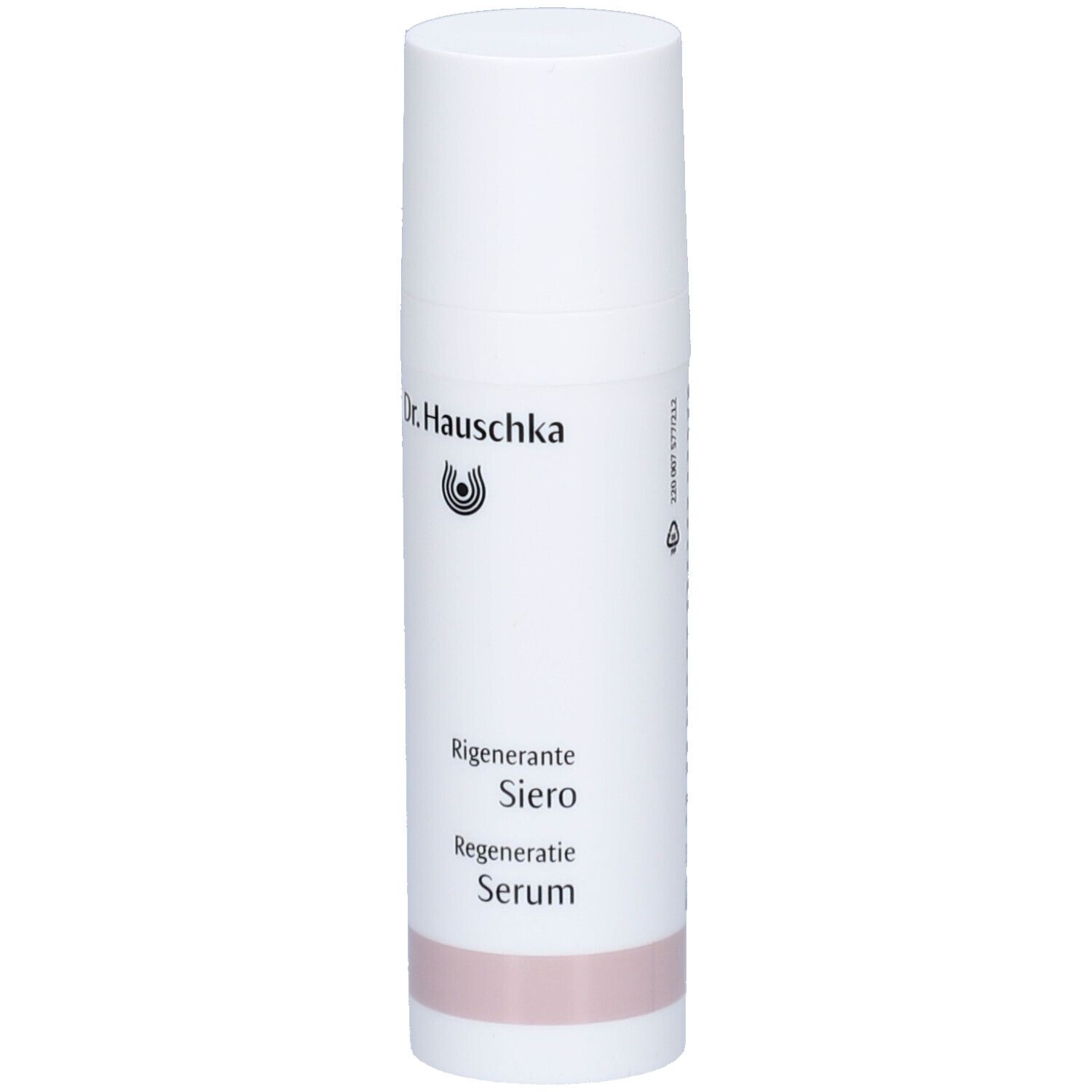 Flacon blanc avec logo Dr. Hauschka et texte: Regenerante Siero, Regeneratie Serum. Bande rose.