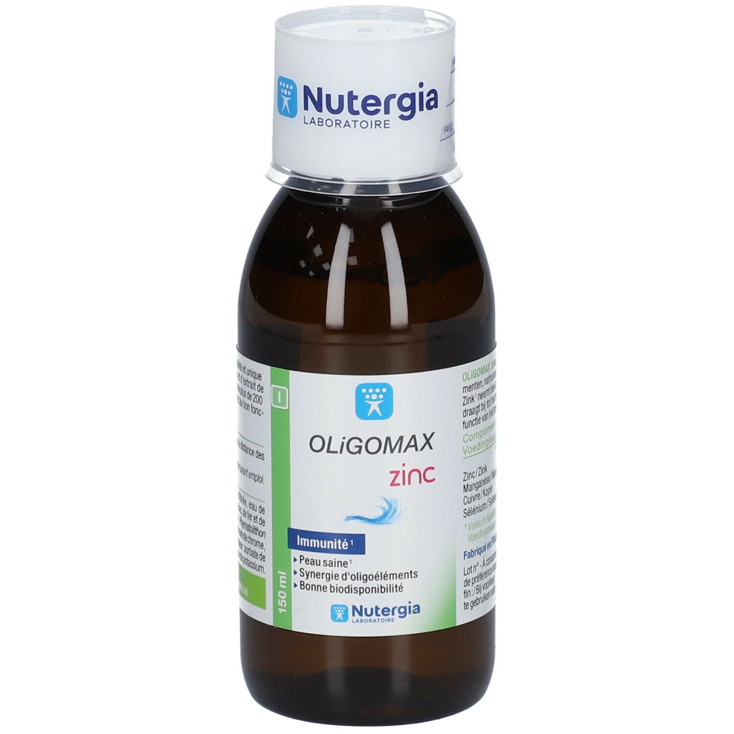 Flacon en verre brun avec bouchon blanc. Étiquette avec Oligomax zinc. Marque: Nutergia. 150 ml.