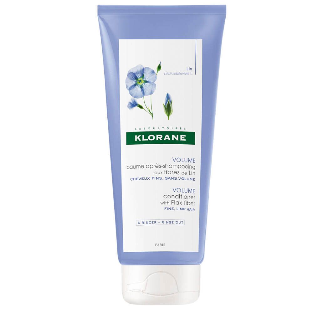Tube bleu clair. Inscription: KLORANE, VOLUME, après-shampooing aux fibres de lin. Illustration florale.