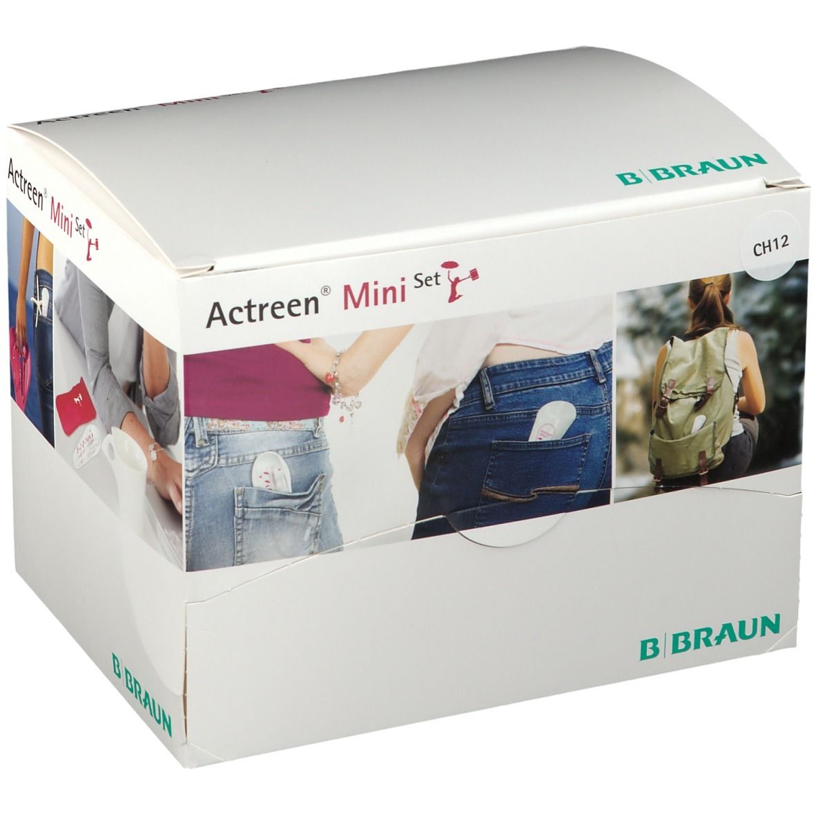 Emballage Actreen Mini Set. Logo B. Braun. Images montrent le produit dans des poches de pantalon.