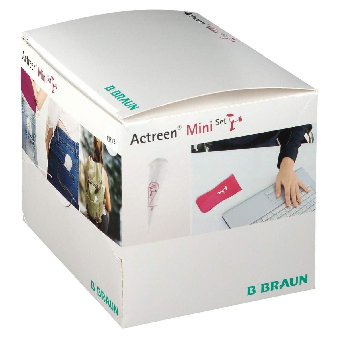 Emballage Actreen Mini Set. Logo B. Braun. Produit et accessoires sur une table.