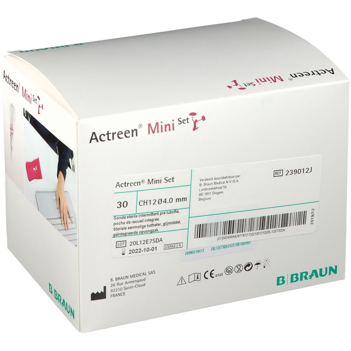 Emballage Actreen Mini Set. Logo B. Braun. Informations produit et code-barres.