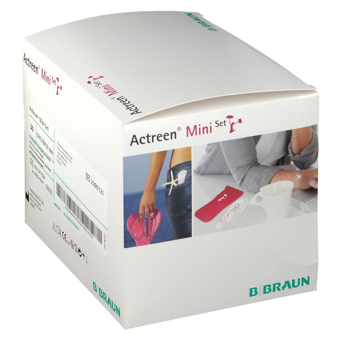 Emballage Actreen Mini Set. Logo B. Braun. Produit et accessoires sur une table.