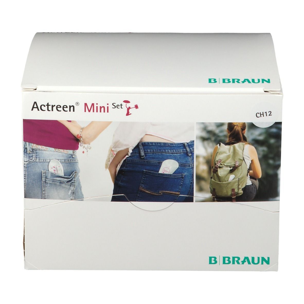 Emballage Actreen Mini Set. Logo B. Braun. Images montrent le produit dans des poches de pantalon.