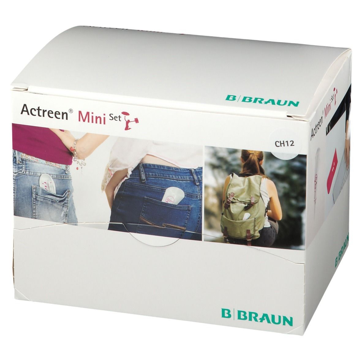 Emballage Actreen Mini Set. Logo B. Braun. Images montrent le produit dans des poches de pantalon.