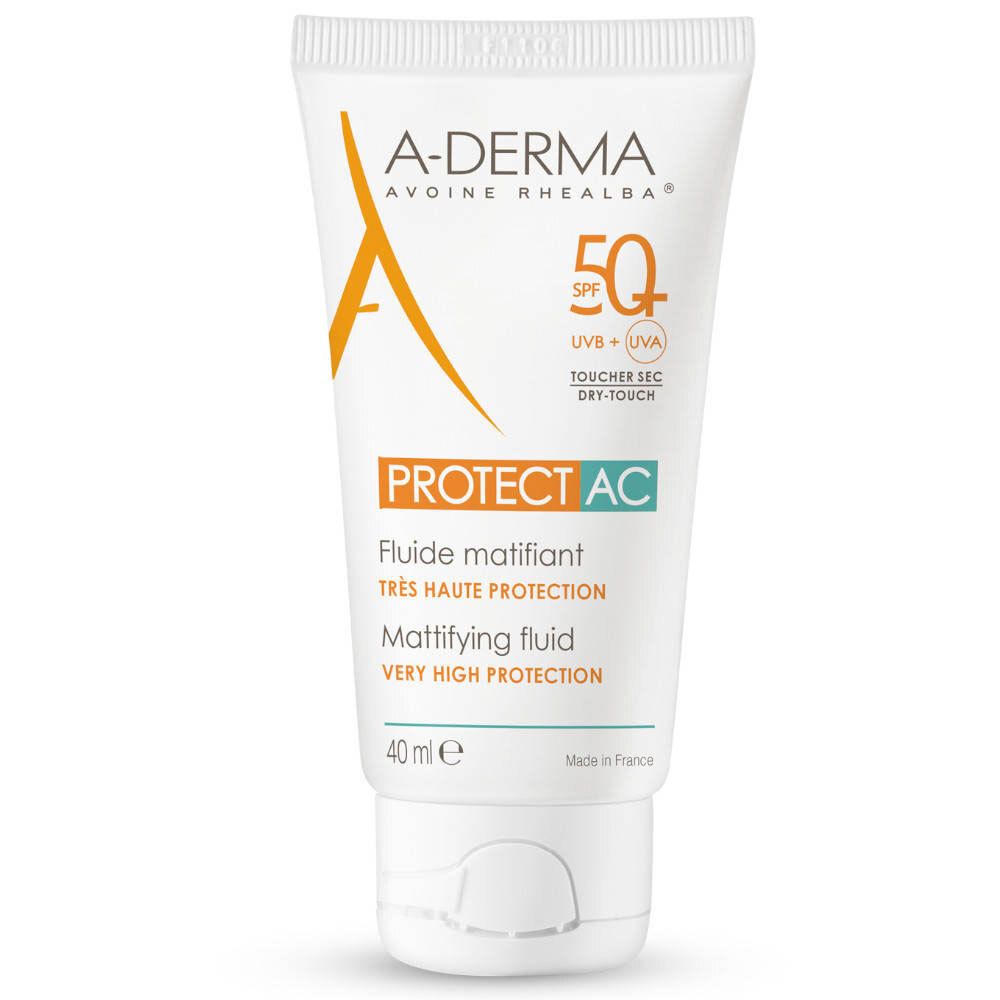 Tube blanc A-DERMA écran solaire. Inscription orange et noire. SPF 50+.