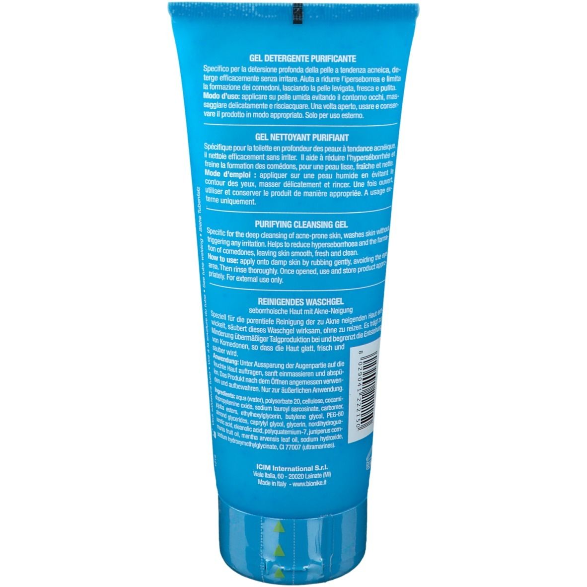 Tube bleu turquoise. Texte multilingue. Inscription : Gel nettoyant purifiant.