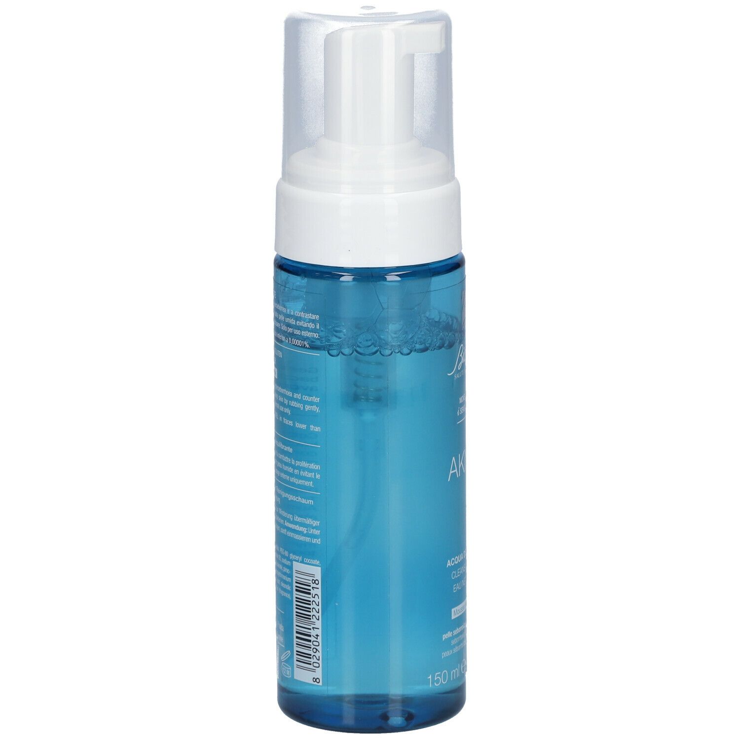 Flacon bleu transparent avec pompe blanche. Inscription: AKNET, Bionike. Aqua detergente, 150 ml.