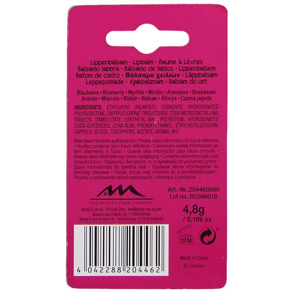 Emballage de baume à lèvres. Boîte rose avec informations et ingrédients. Contient 4,8g.