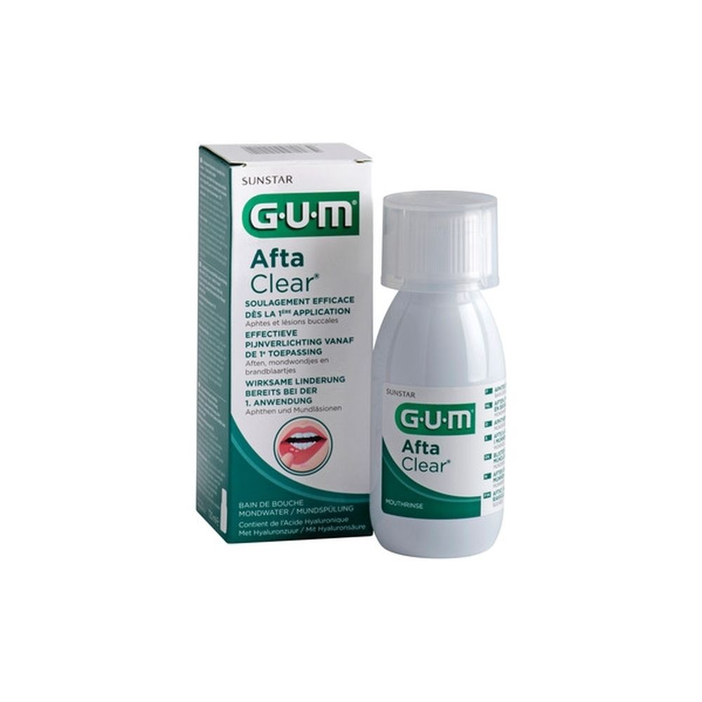 Bain de bouche G.U.M Afta Clear, flacon et emballage. Flacon blanc avec étiquette verte. Emballage avec informations produit.
