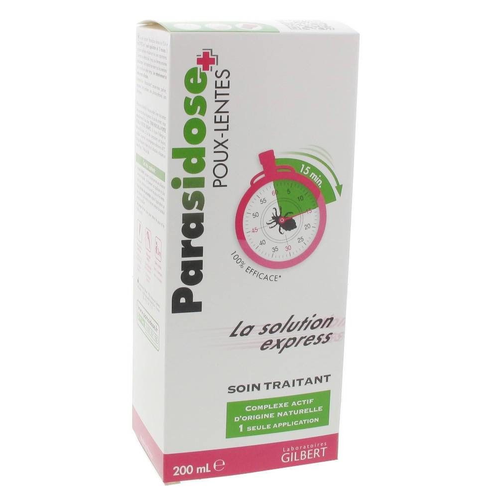 Boîte de Parasidose+ contre les poux. Graphique de chronomètre rouge avec 15 min. Texte: La solution express, 200 ml.