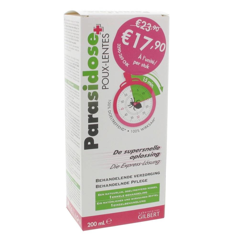 Boîte Parasidose+ contre les poux. Étiquette de prix: €17,90. Graphique chronomètre rouge avec 15 min. Texte: De supersnelle oplossing, 200 ml.