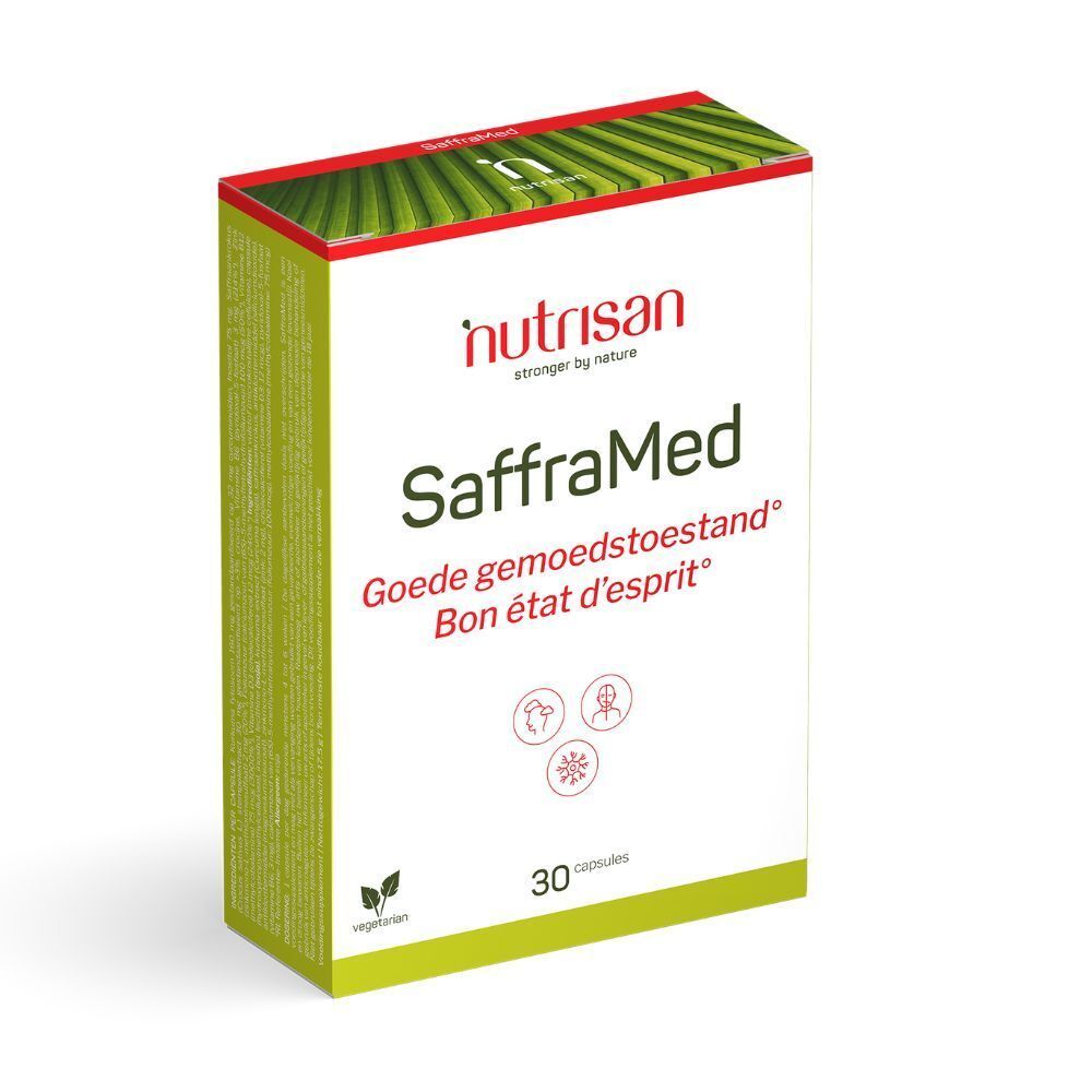 Boîte Nutrisan SaffraMed. Inscription : Bon état d'esprit. 30 gélules végétariennes. Design vert et blanc.