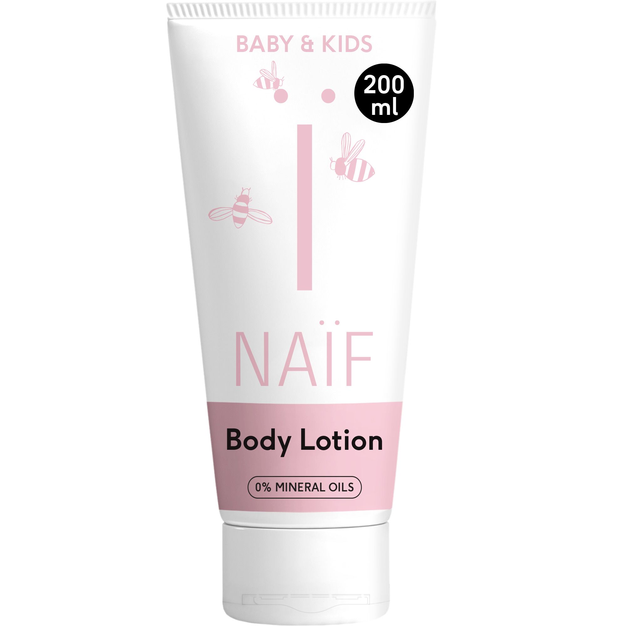 Tube blanc avec accents roses. Inscription : NAÏF, Baby & Kids, Lotion pour le corps. Huile d'amande.