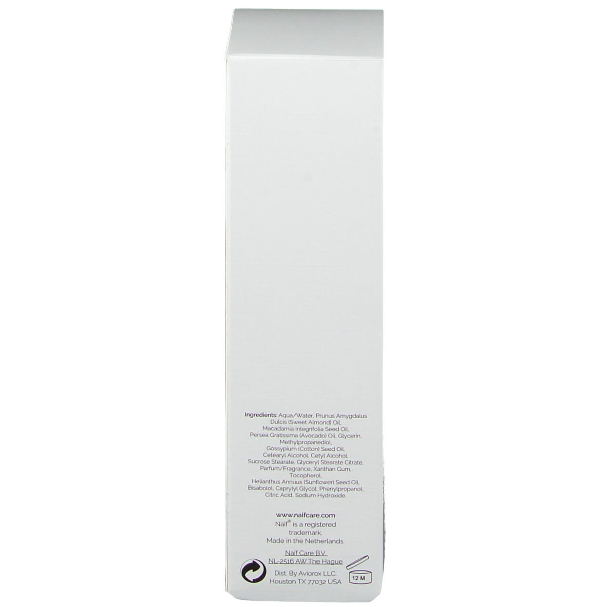 Emballage en carton. Texte en rose. Inscription: Ingrédients, coordonnées, label vegan.