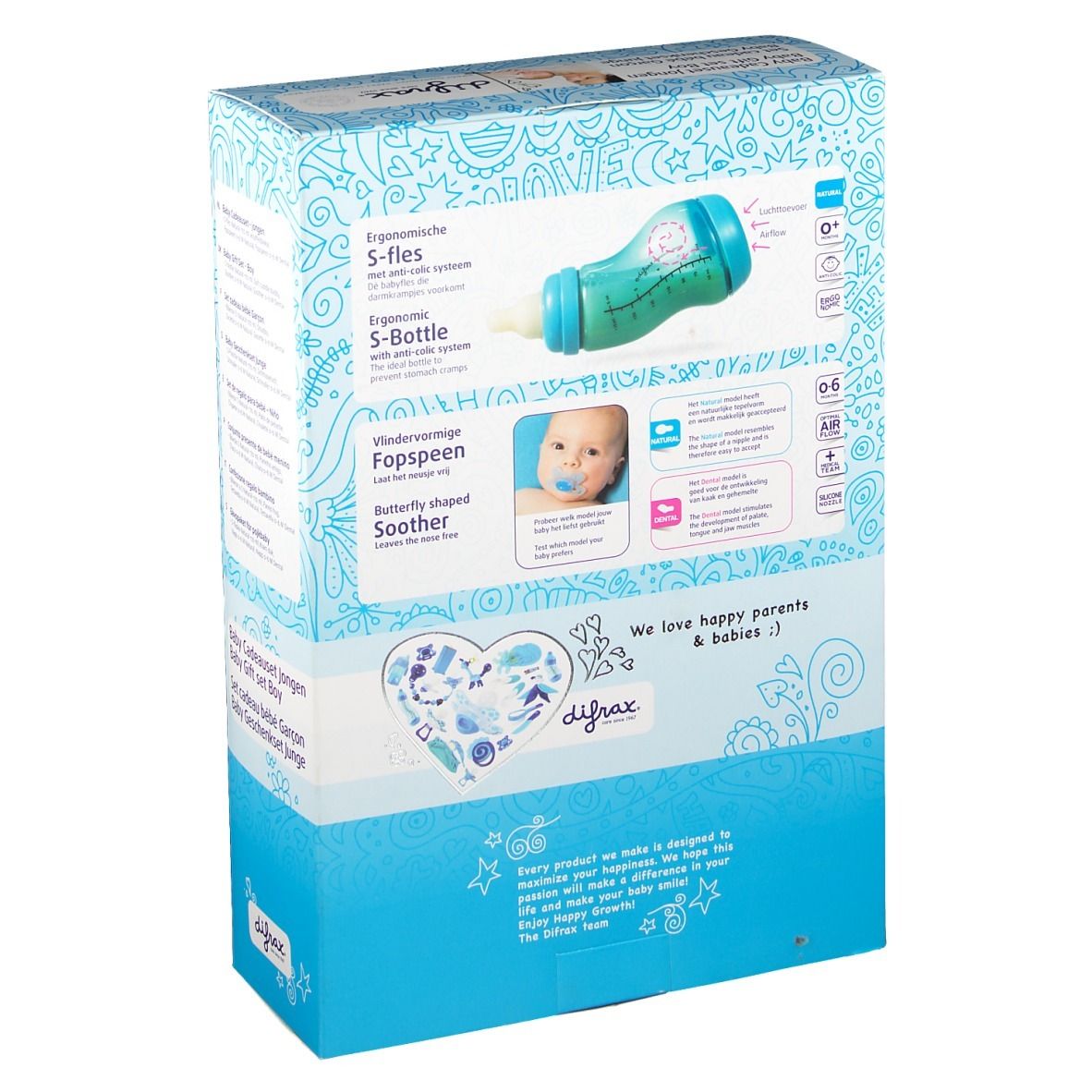 Dos du coffret cadeau. Montre biberon, sucette et informations. Marque : Difrax. Texte : Ergonomische S-Fles.