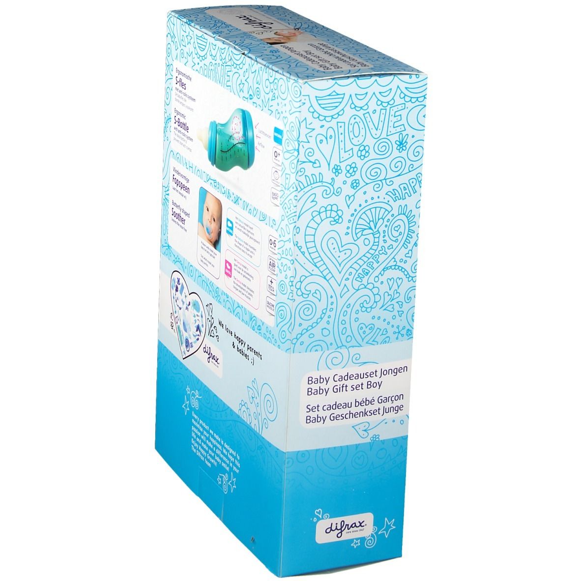 Coffret cadeau, vue arrière oblique. Montre biberon, sucette et informations. Marque : Difrax. Texte : Baby Cadeauset Jongen.