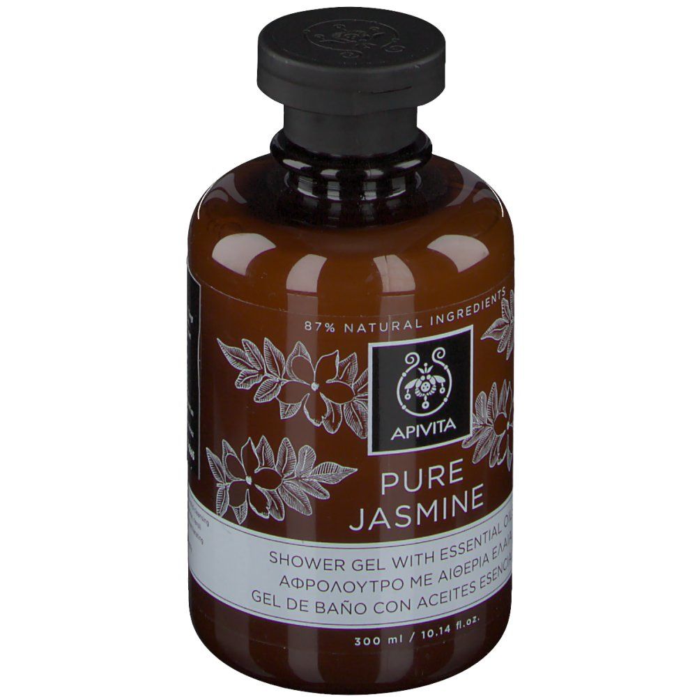 Flacon marron avec bouchon noir. Étiquette avec texte, motif floral et logo. 87% ingrédients naturels.