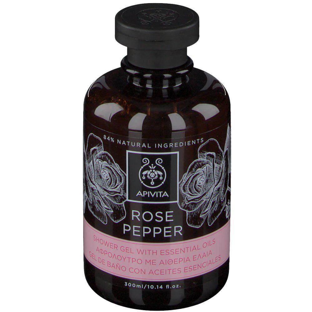 Flacon marron avec bouchon noir. Inscription: Apivita Rose Pepper. 84% ingrédients naturels. Illustration de rose.