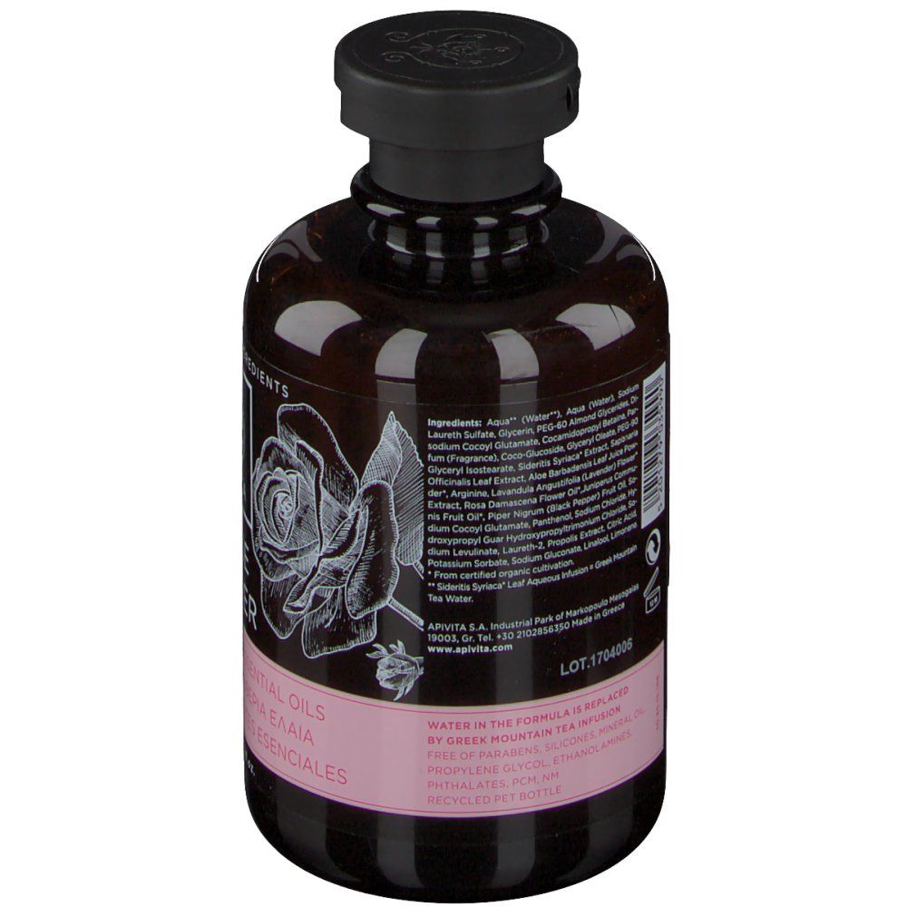 Dos d'un flacon marron avec bouchon noir. Texte: ingrédients, logo Apivita, numéro de lot, origine.