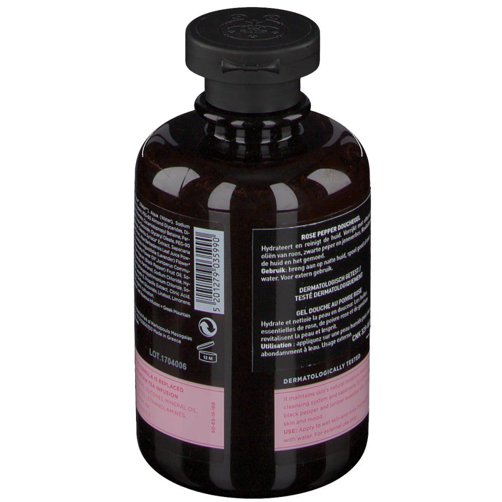 Dos d'un flacon marron avec bouchon noir. Texte: Gel douche Rose Pepper, testé dermatologiquement.