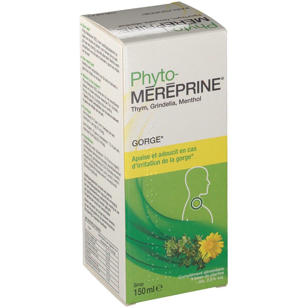 Boîte de Phyto-Méreprine. Inscription: Thym, Grindelia, Menthol. Illustration d'une gorge.