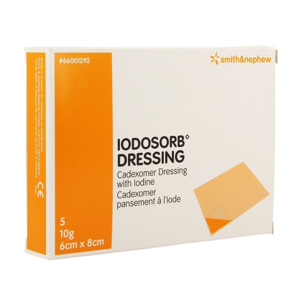 Pansement Iodosorb 5 pièces, 10g, 6cm x 8cm. Smith & Nephew.