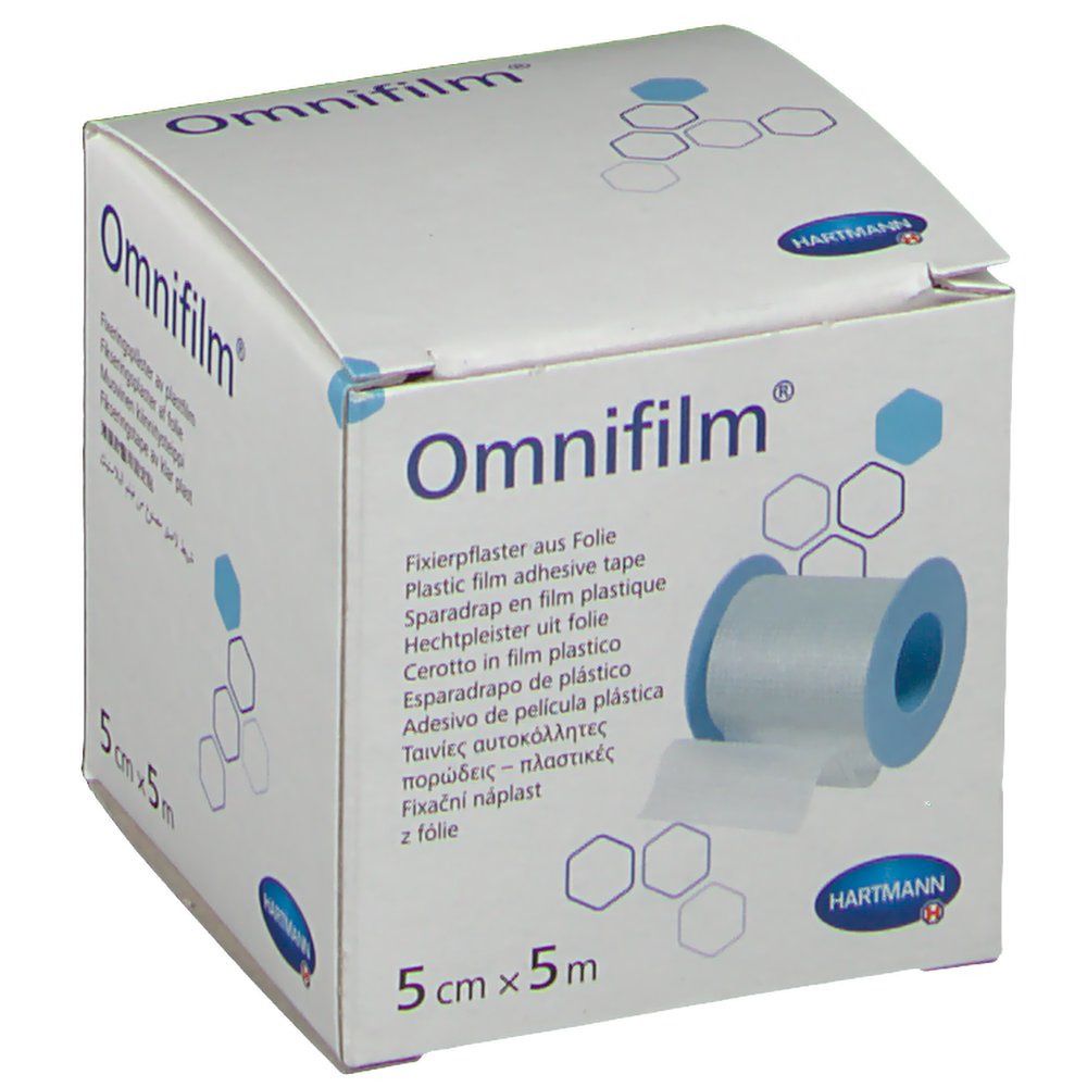 Omnifilm® adhésif en rouleau, emballage. Dimensions 5 cm x 5 m. Logo Hartmann. Emballage bleu et blanc.