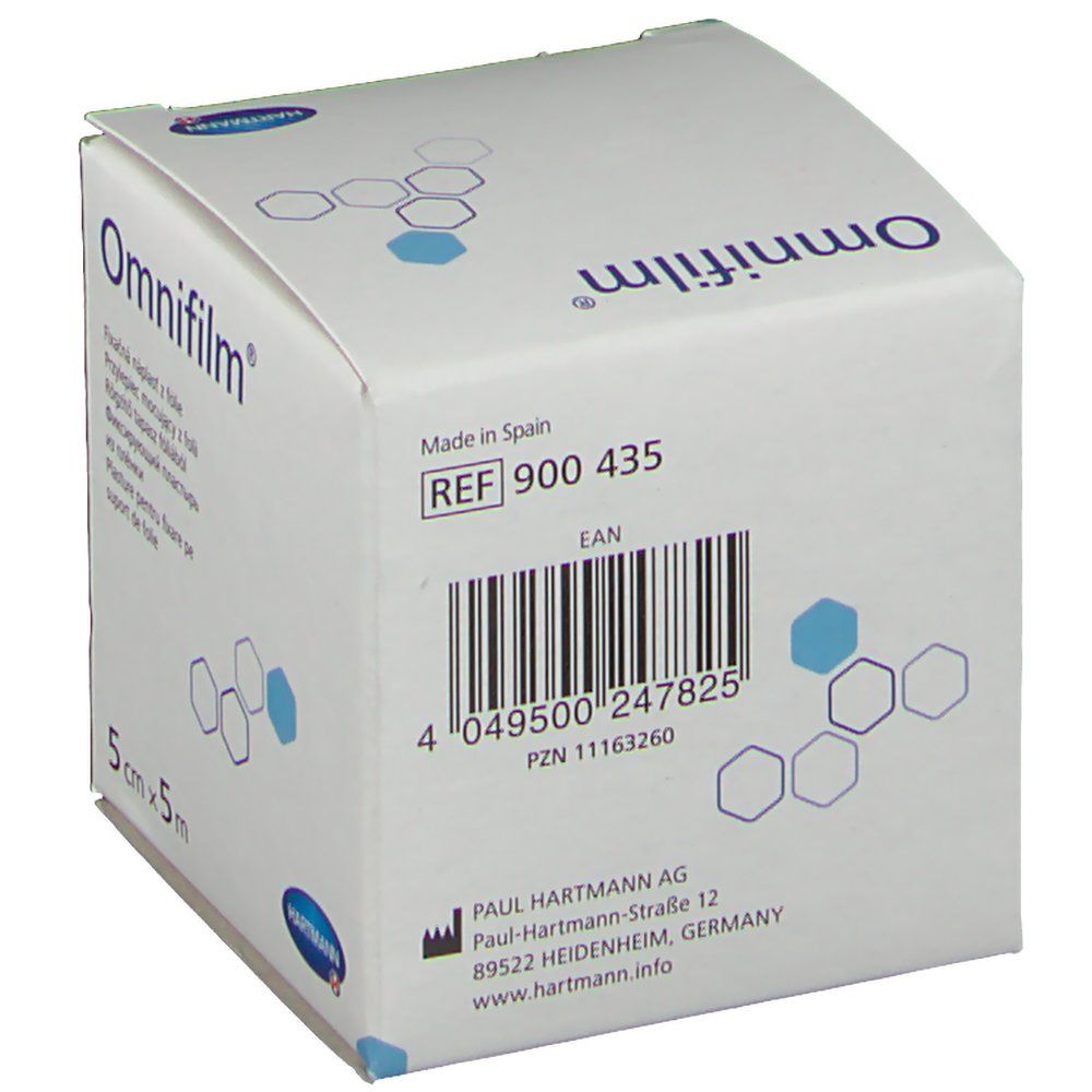 Emballage Omnifilm® adhésif. Dos avec code-barres et informations fabricant. 5 cm x 5 m. Logo Hartmann.