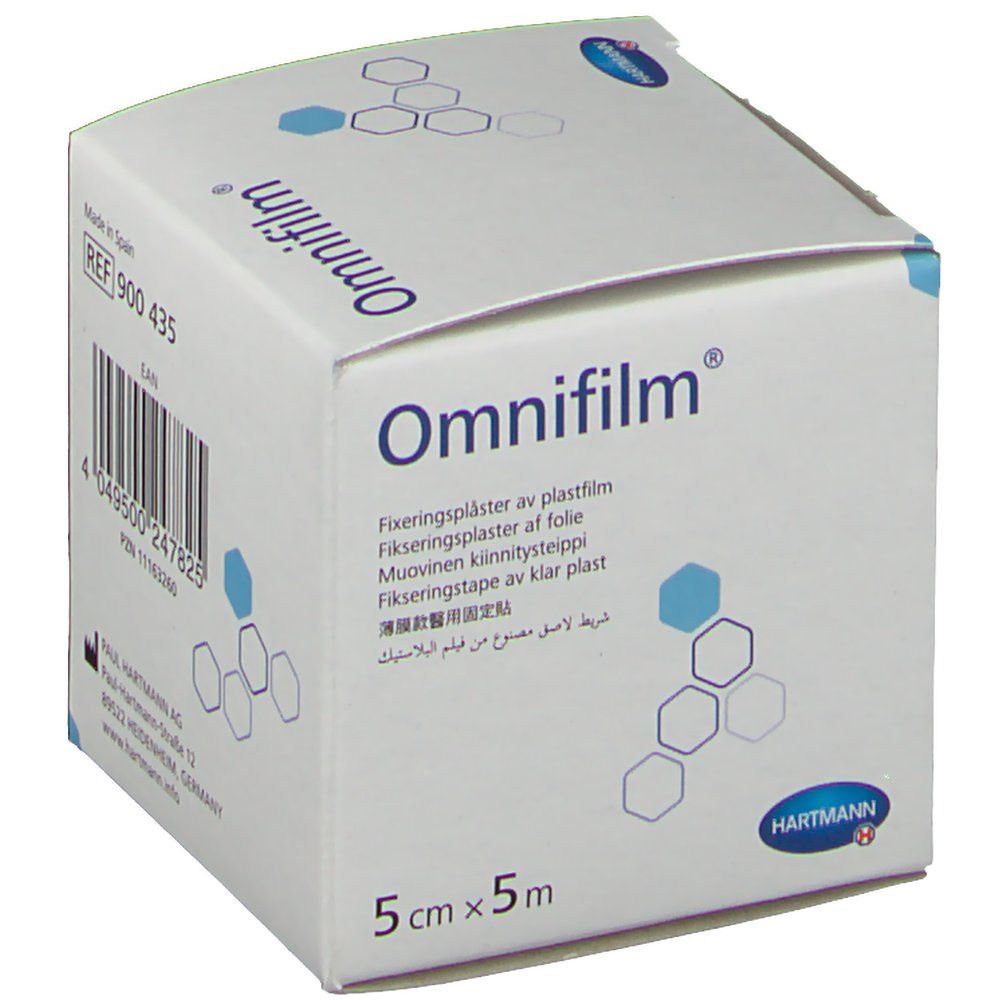 Emballage Omnifilm® adhésif. Face avant avec nom et dimensions. 5 cm x 5 m. Logo Hartmann.