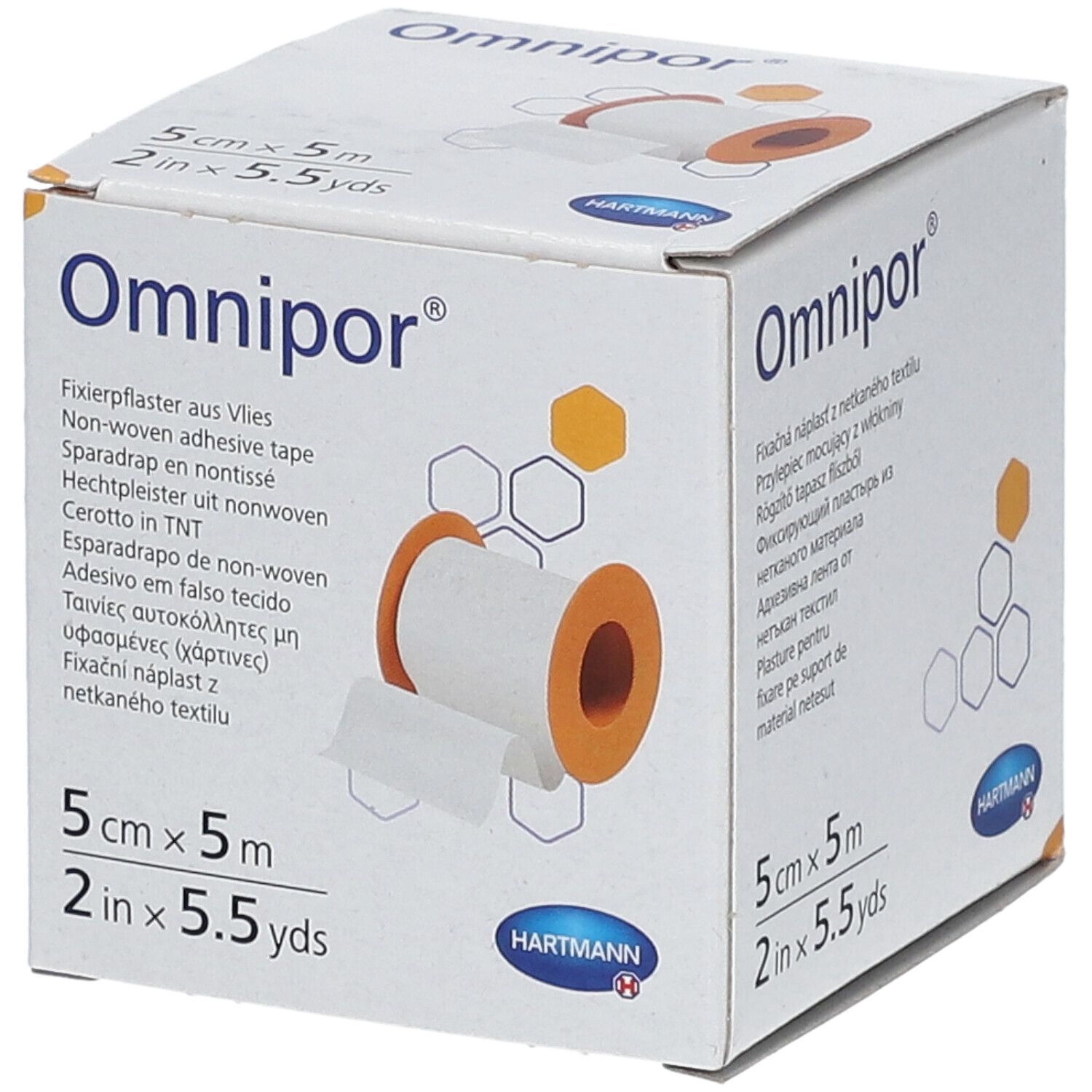 Boîte de pansement adhésif Omnipor®. 5 cm x 5 m. Non-tissé blanc, noyau orange. Logo Hartmann.