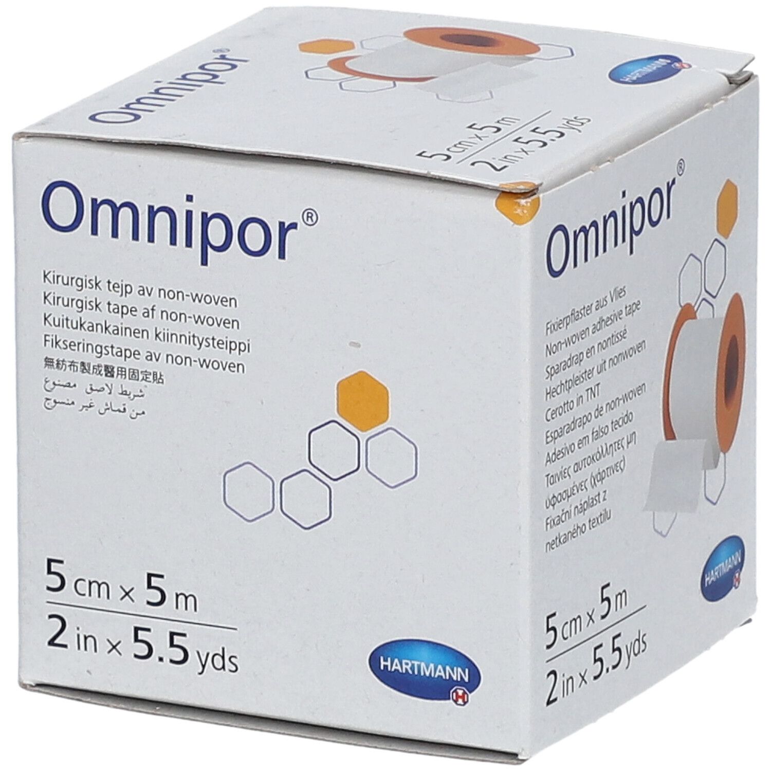 Emballage Omnipor®. 5 cm x 5 m. Non-tissé blanc, noyau orange. Désignations multilingues.